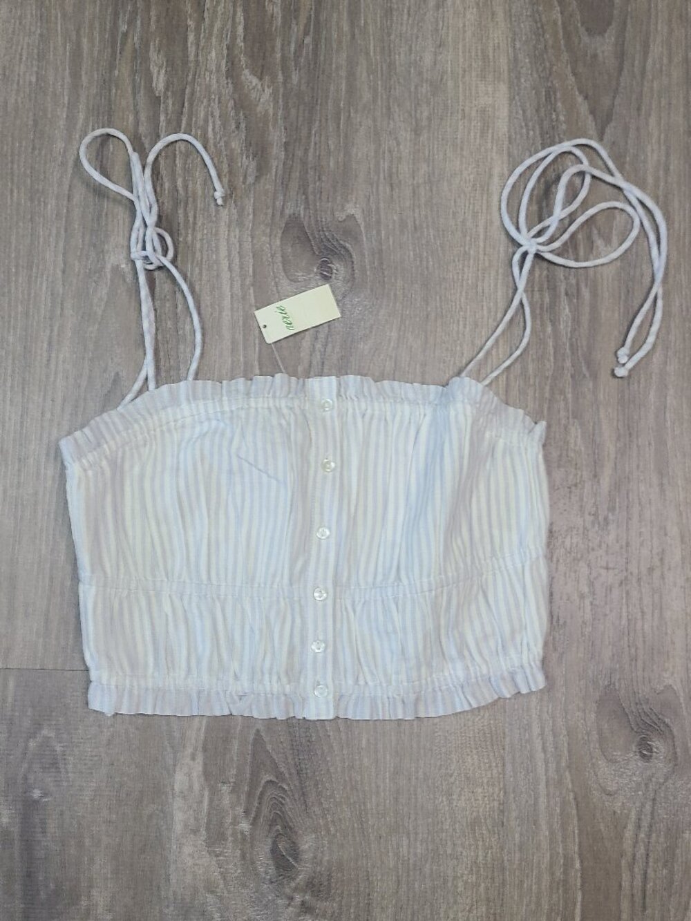 Aerie NWT Blue White Striped Tie Shoulder Smocked Button Front Crop Top- Size XS